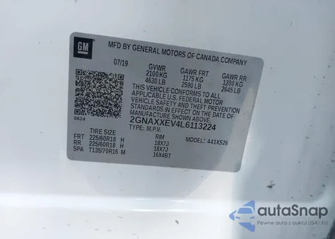 2020 Chevrolet Equinox Awd Premier 1.5L Turbo из США, поврежденный, VIN 2GNAXXEV4L6113224